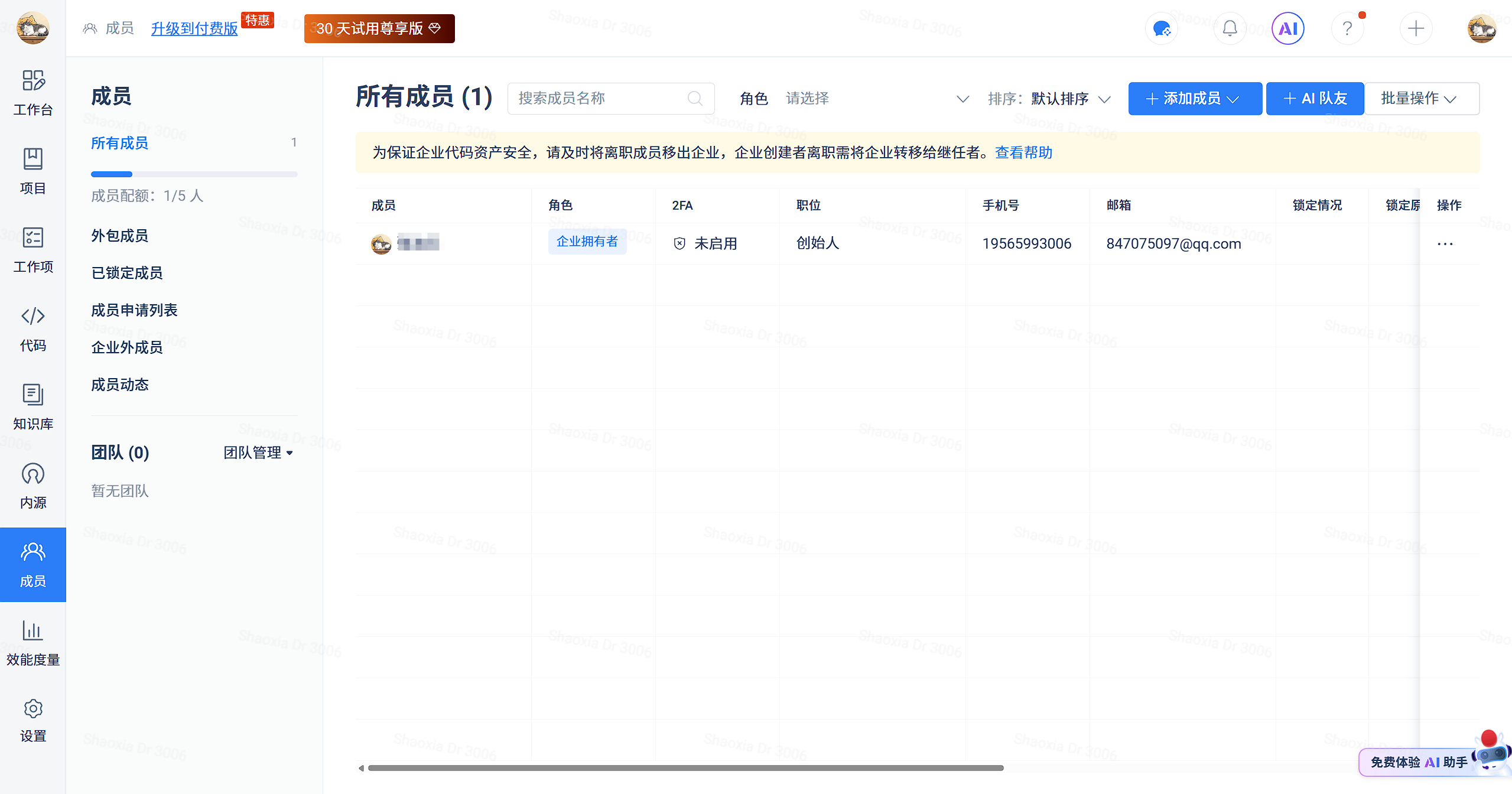 Gitee的组织架构页面